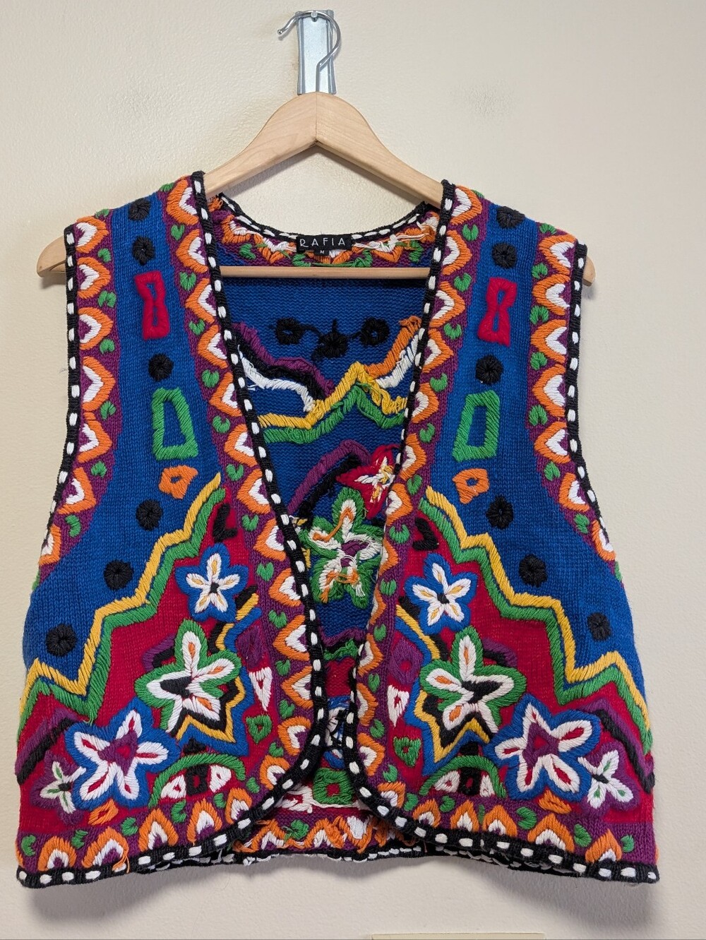 Rafia Embroidered Knit Vest Medium Boho